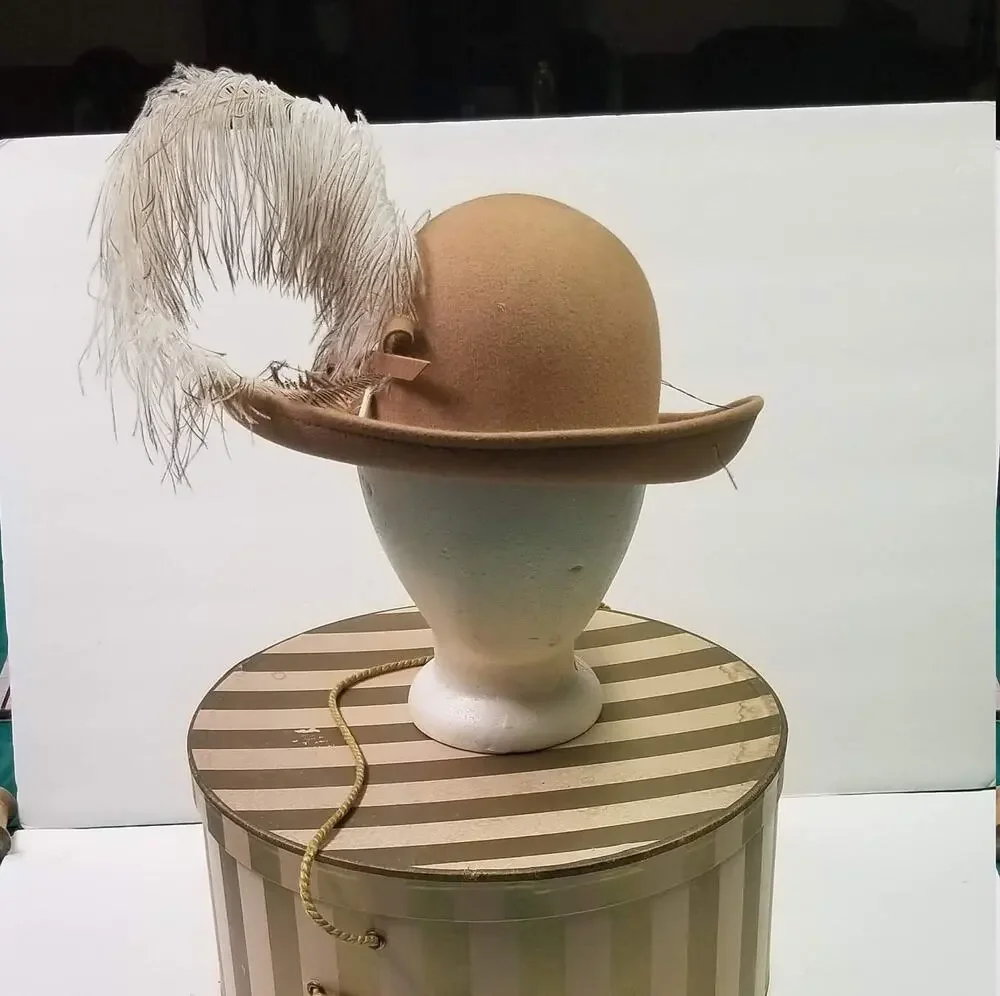 Vintage Ladies Hat Wool Felt Ostrich Feather Doeskin George Bollman Co & Box